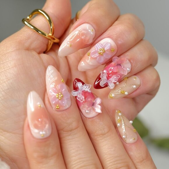 tipsy | Handmade Press On Nails | Almond Medium| Floral 3D Nail | Rosè All Day - Picture 7 of 14